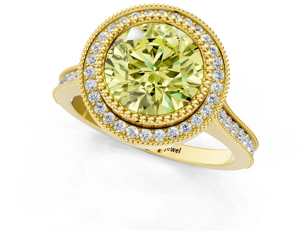 Yellow gold Fancy Yellow Round  Diamond Halo Ring with Milgrain Frame and Pavé Band