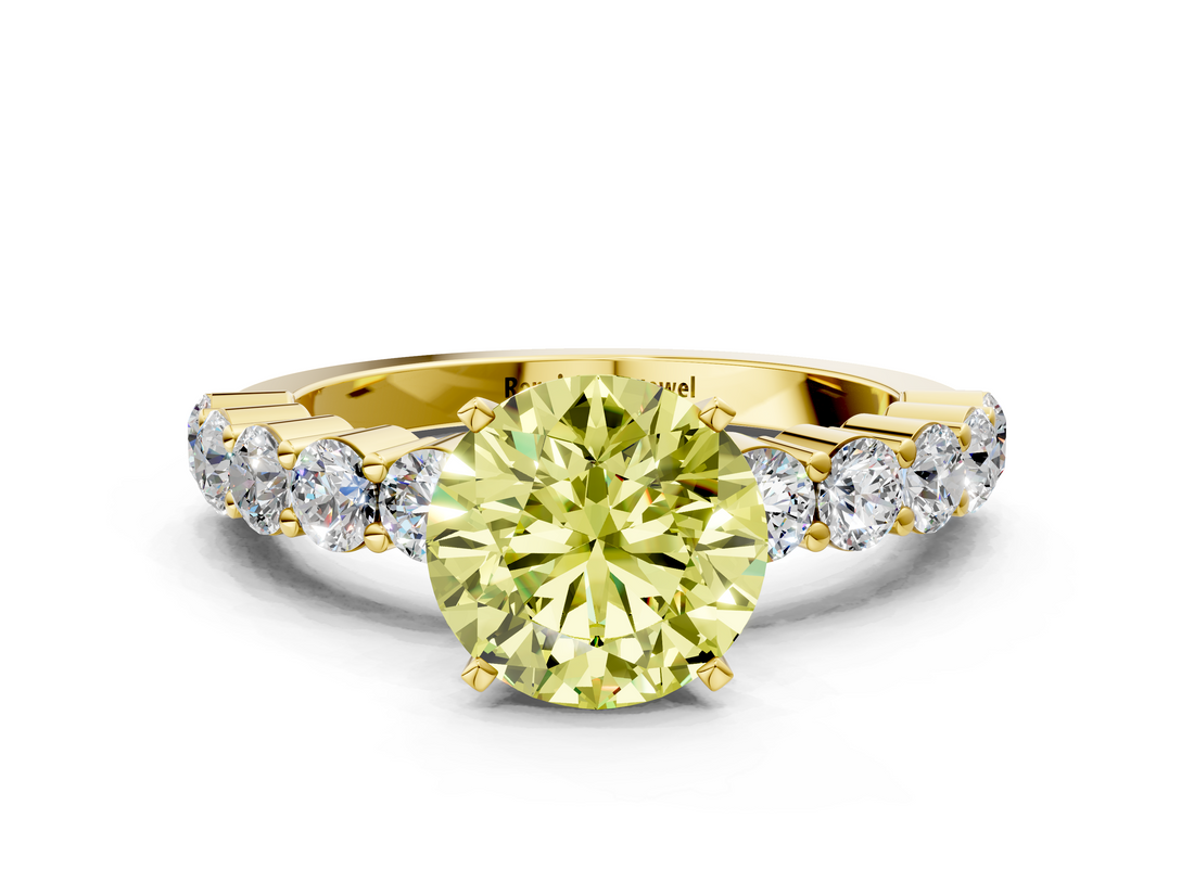Yellow gold Fancy Yellow Round  Diamond Pavé Band Solitaire with Four-Prong Setting