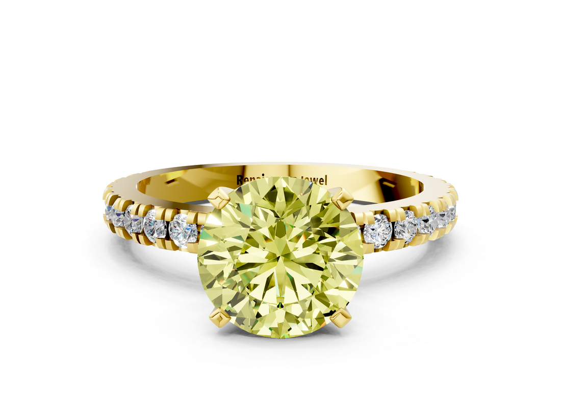 Yellow gold Fancy Yellow Round  Diamond Pavé Band Solitaire with Four-Prong Setting