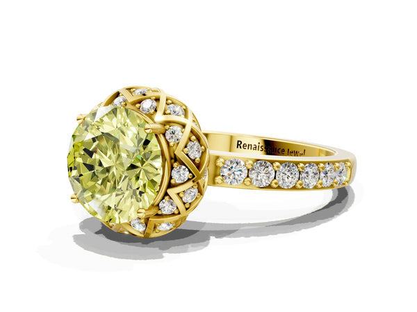 Yellow gold Fancy Yellow Round  Diamond Solitaire Ring with Shared Prong Pavé Band