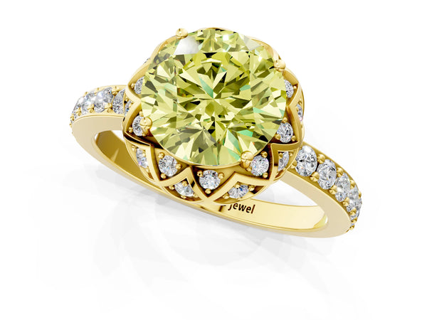 Yellow gold Fancy Yellow Round  Diamond Solitaire Ring with Shared Prong Pavé Band