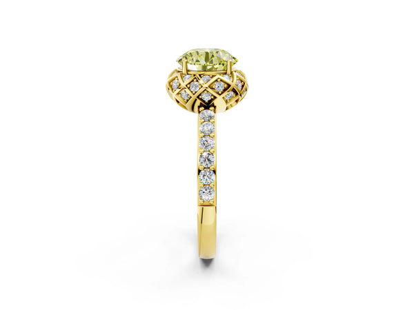 Yellow gold Fancy Yellow Round  Diamond Solitaire Ring with Shared Prong Pavé Band