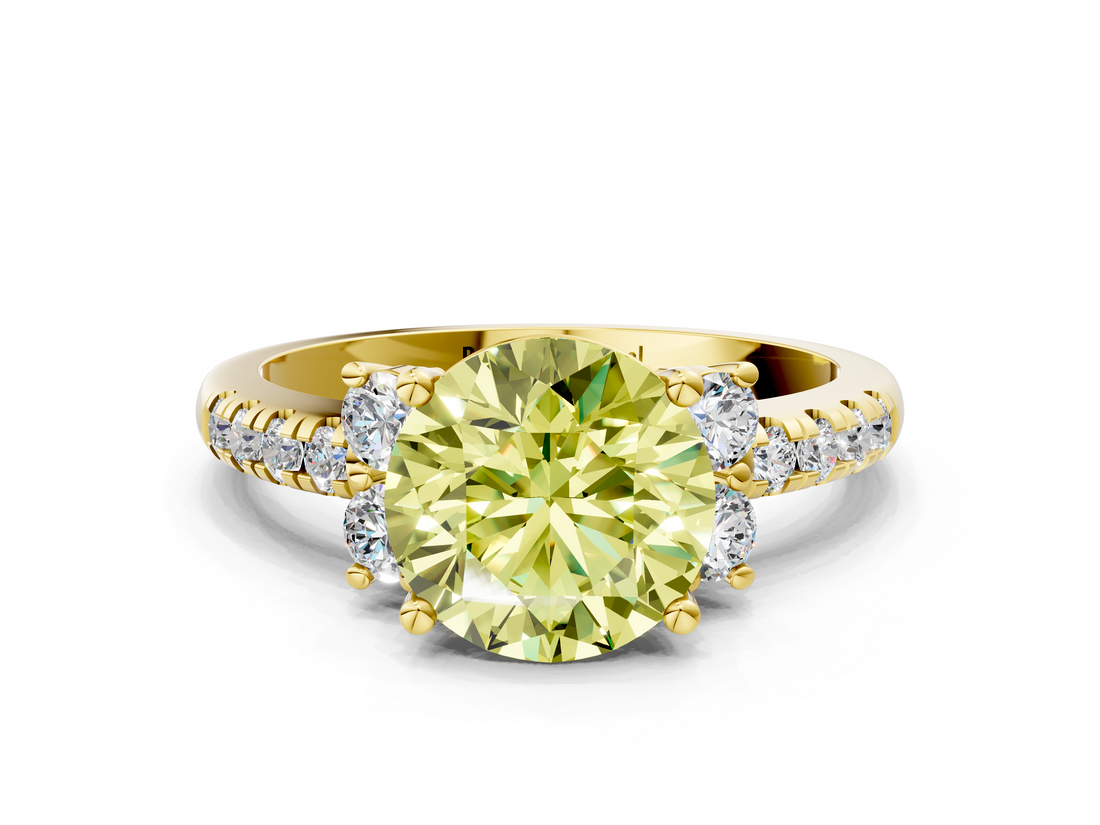 Yellow gold Fancy Yellow Round  Diamond Three-Stone Pave Band with Four-Prong Setting