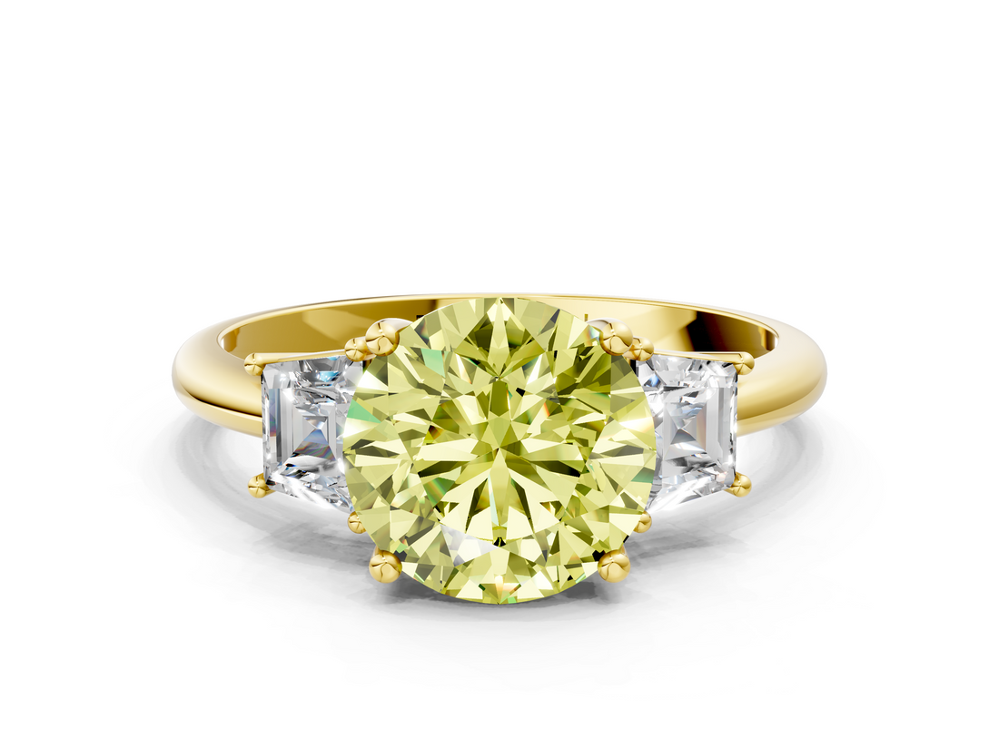 Yellow gold Fancy Yellow Round  Diamond Three-Stone Ring with Trapezoid Side Stones and Prong Setting