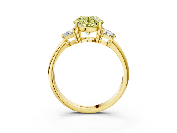 Yellow Gold Round Three Stone Engagement Ring Setting for Fancy Yellow Center with Trapezoid Side Stones and Prong Head