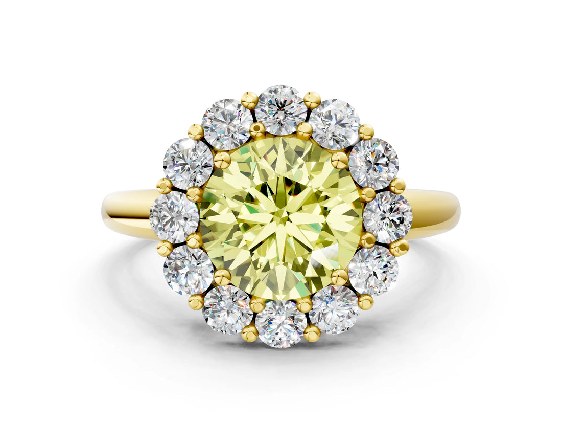 Yellow gold Fancy Yellow Round  Halo Cluster Diamond Engagement Ring with Prong Setting and Polished Band_19
