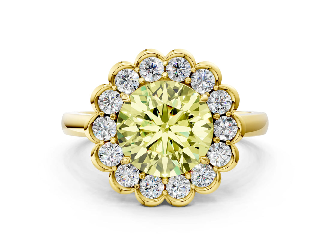 Yellow gold Fancy Yellow Round  Halo Cluster Diamond Engagement Ring with Solitaire Band and Prong Setting_47