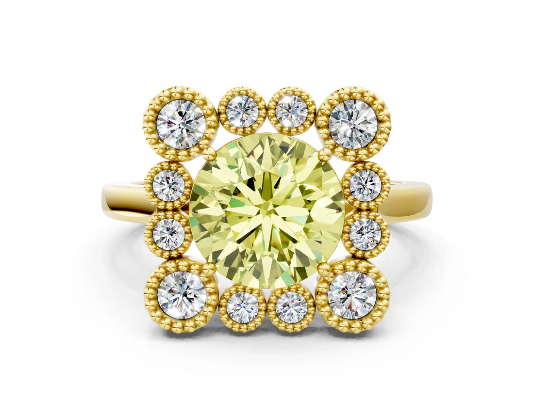 Yellow gold Fancy Yellow Round  Halo Diamond Cluster Engagement Ring with Milgrain Bezel Setting and Solitaire Band_81