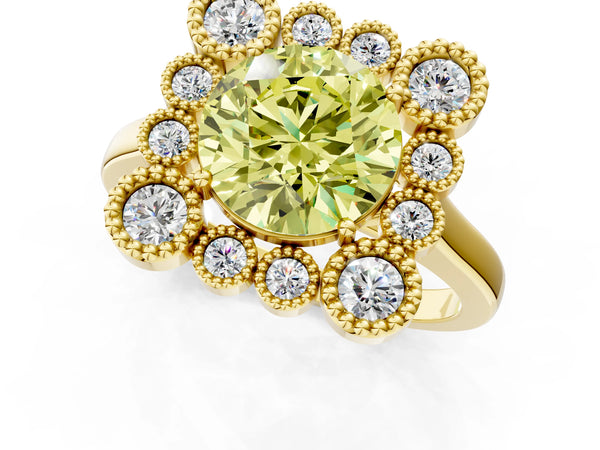 Yellow Gold Round Bezel Cluster Halo Engagement Ring Setting for Fancy Yellow Center