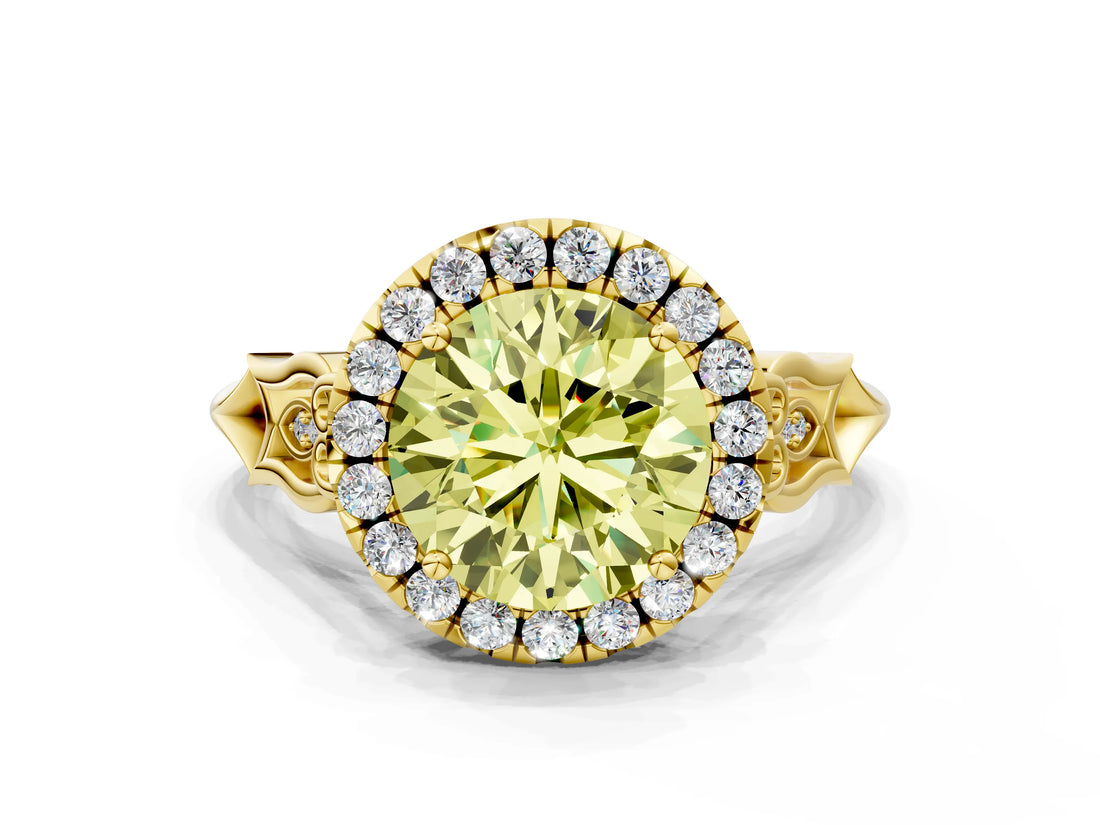 Yellow gold Fancy Yellow Round  Halo Diamond Engagement Ring with Filigree Band and Four-Prong Setting_93