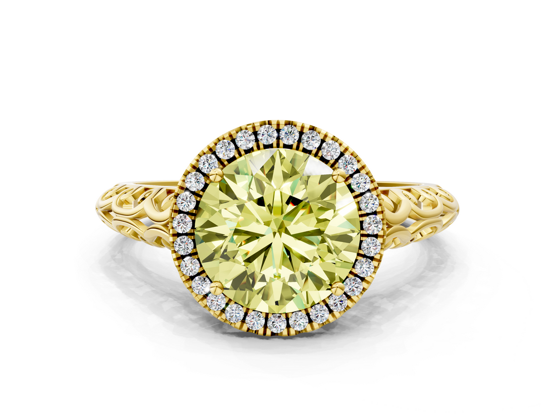 Yellow gold Fancy Yellow Round  Halo Diamond Engagement Ring with Intricate Filigree Band and Four-Prong Setting