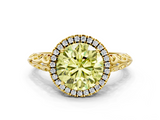 Yellow gold Fancy Yellow Round  Halo Diamond Engagement Ring with Intricate Filigree Band and Four-Prong Setting