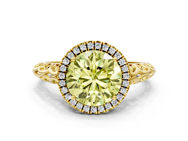 Yellow gold Fancy Yellow Round  Halo Diamond Engagement Ring with Intricate Filigree Band and Four-Prong Setting