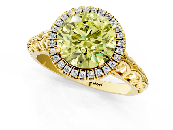 Yellow gold Fancy Yellow Round  Halo Diamond Engagement Ring with Intricate Filigree Band and Four-Prong Setting
