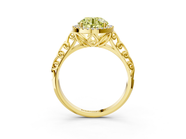 Yellow gold Fancy Yellow Round  Halo Diamond Engagement Ring with Intricate Filigree Band and Four-Prong Setting