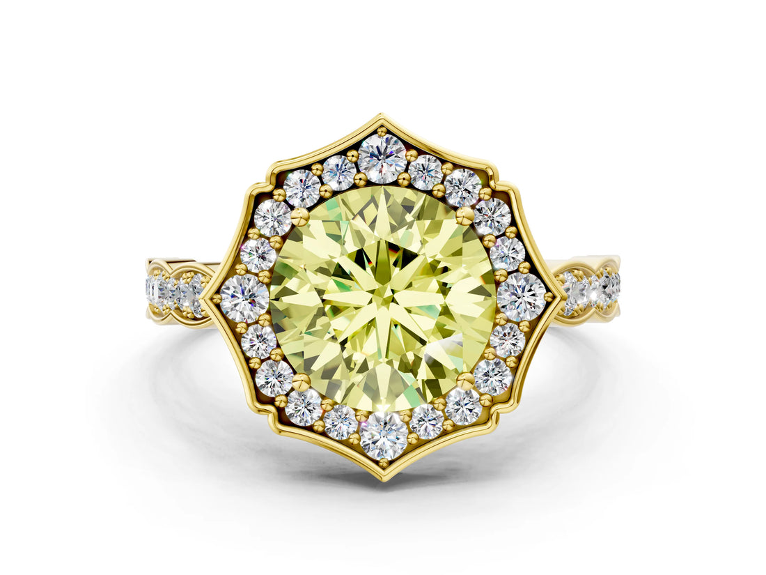 Yellow gold Fancy Yellow Round  Halo Diamond Engagement Ring with Milgrain Band and Four-Prong Setting_17