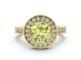 Yellow gold Fancy Yellow Round  Halo Diamond Engagement Ring with Milgrain Pave Band and Four-Prong Setting_12