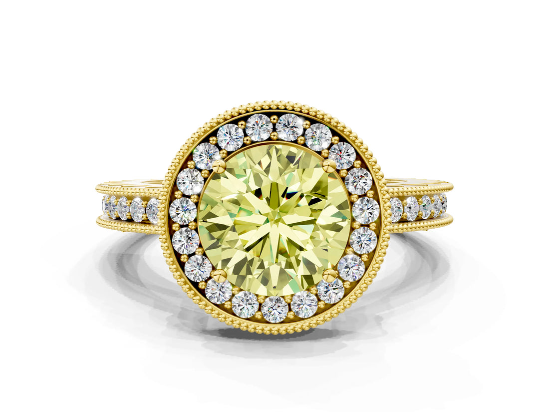 Yellow gold Fancy Yellow Round  Halo Diamond Engagement Ring with Milgrain Pave Band and Four-Prong Setting_135