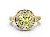 Yellow gold Fancy Yellow Round  Halo Diamond Engagement Ring with Milgrain Pave Band and Four-Prong Setting_135