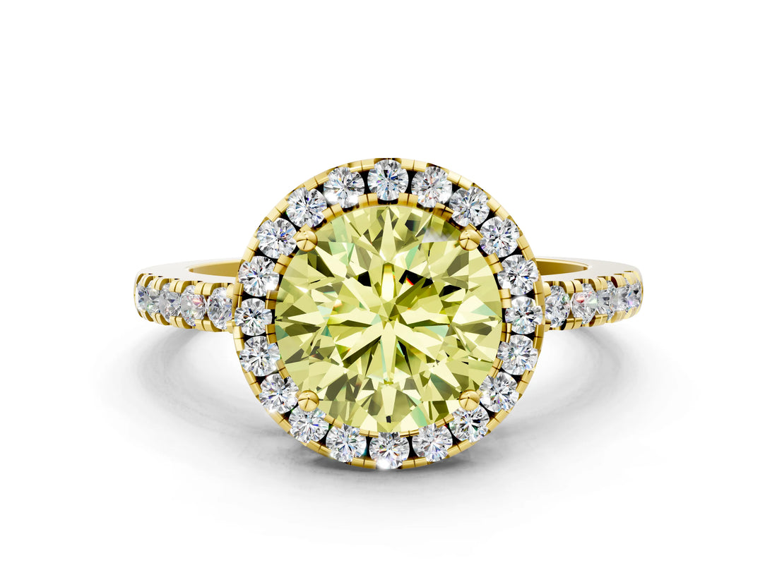 Yellow gold Fancy Yellow Round  Halo Diamond Engagement Ring with Pavé Band and Four-Prong Setting_87