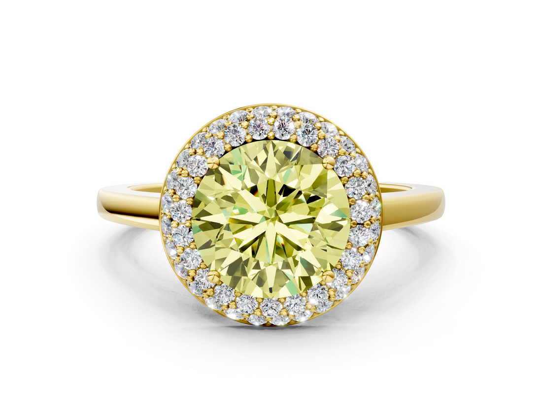 Yellow gold Fancy Yellow Round  Halo Diamond Engagement Ring with Solitaire Band and Four-Prong Setting