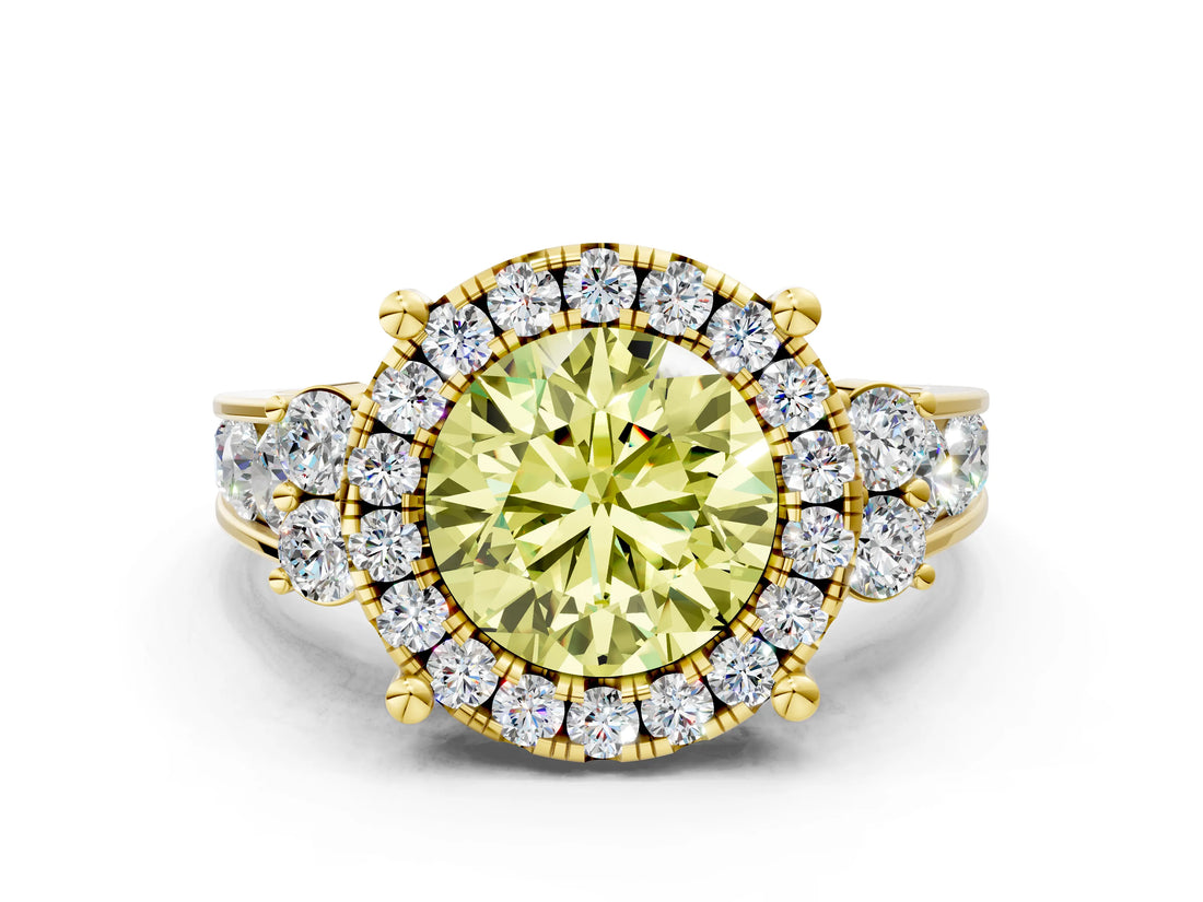 Yellow gold Fancy Yellow Round  Halo Diamond Engagement Ring with Split Shank and Four-Prong Setting