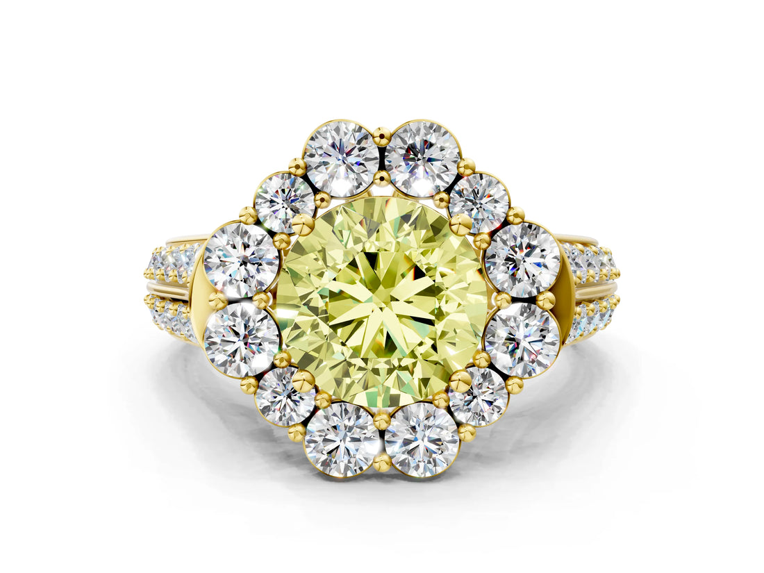 Yellow gold Fancy Yellow Round  Halo Diamond Engagement Ring with Split Shank and Prong Setting_29