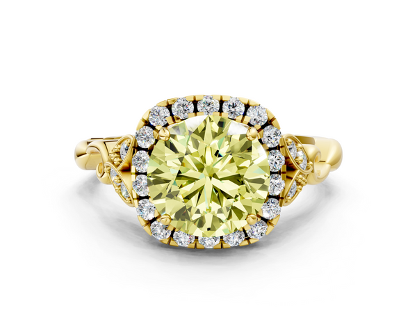 Yellow gold Fancy Yellow Round  Halo Diamond Engagement Ring with Vintage-Inspired Band and Four-Prong Setting