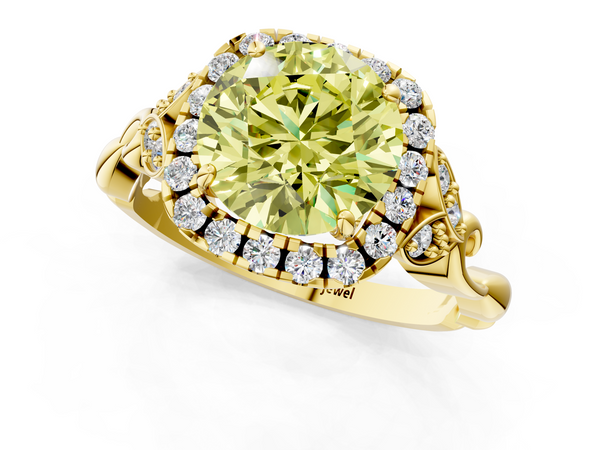 Yellow gold Fancy Yellow Round  Halo Diamond Engagement Ring with Vintage-Inspired Band and Four-Prong Setting