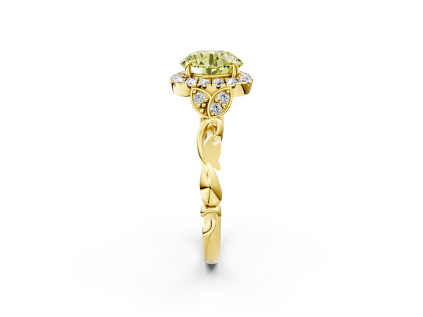 Yellow gold Fancy Yellow Round  Halo Diamond Engagement Ring with Vintage-Inspired Band and Four-Prong Setting