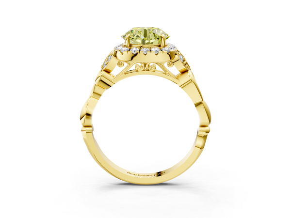 Yellow gold Fancy Yellow Round  Halo Diamond Engagement Ring with Vintage-Inspired Band and Four-Prong Setting