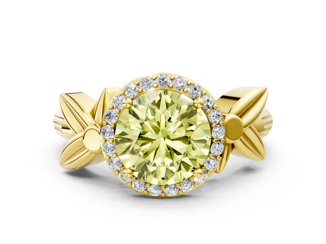 Yellow gold Fancy Yellow Round  Halo Diamond Floral Band with Four-Prong Setting_35