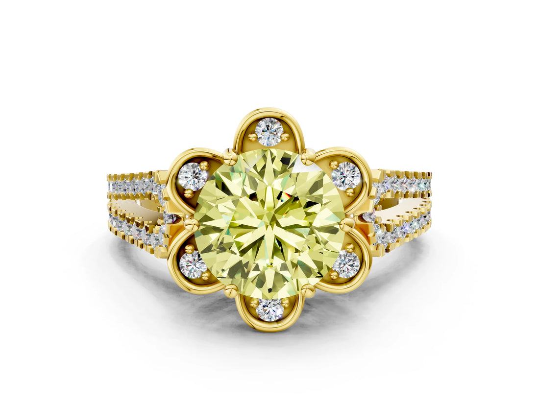 Yellow gold Fancy Yellow Round  Halo Diamond Floral Split Shank Engagement Ring