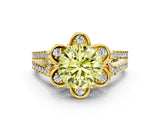 Yellow gold Fancy Yellow Round  Halo Diamond Floral Split Shank Engagement Ring