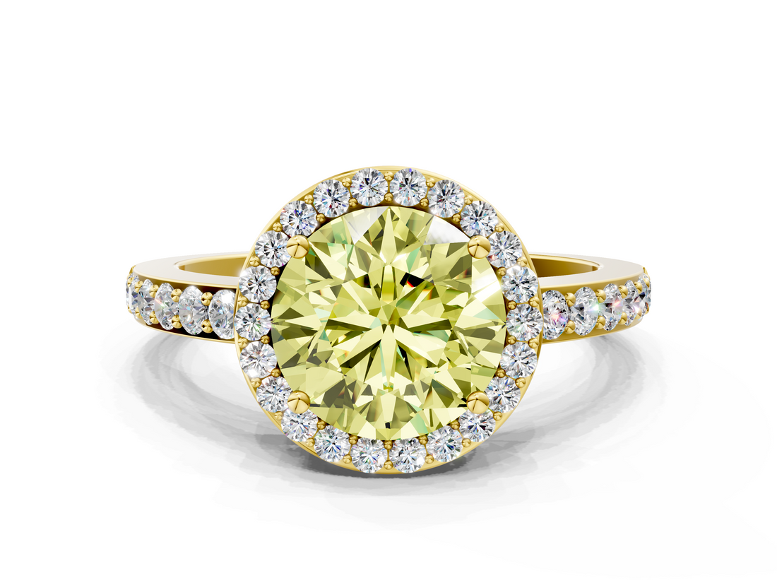 Yellow gold Fancy Yellow Round  Halo Diamond Pavé Band Ring with Prong Setting