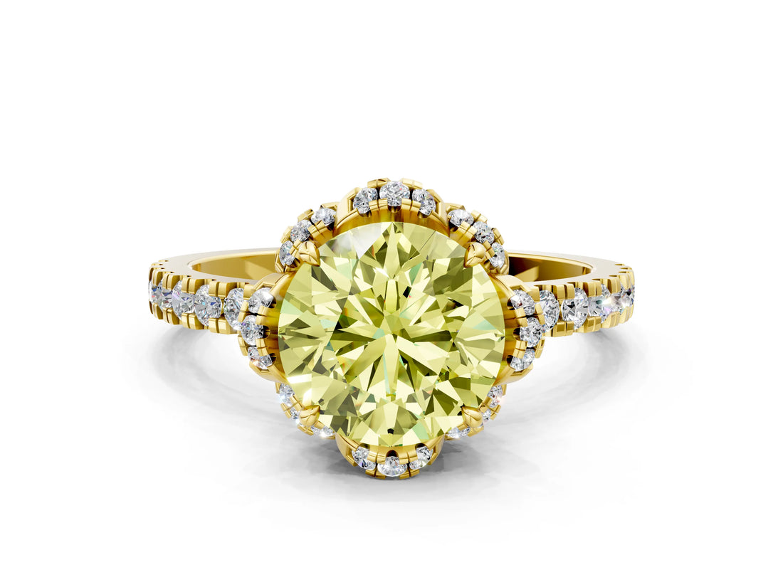 Yellow gold Fancy Yellow Round  Halo Diamond Pave Band Ring with Four-Prong Setting_15