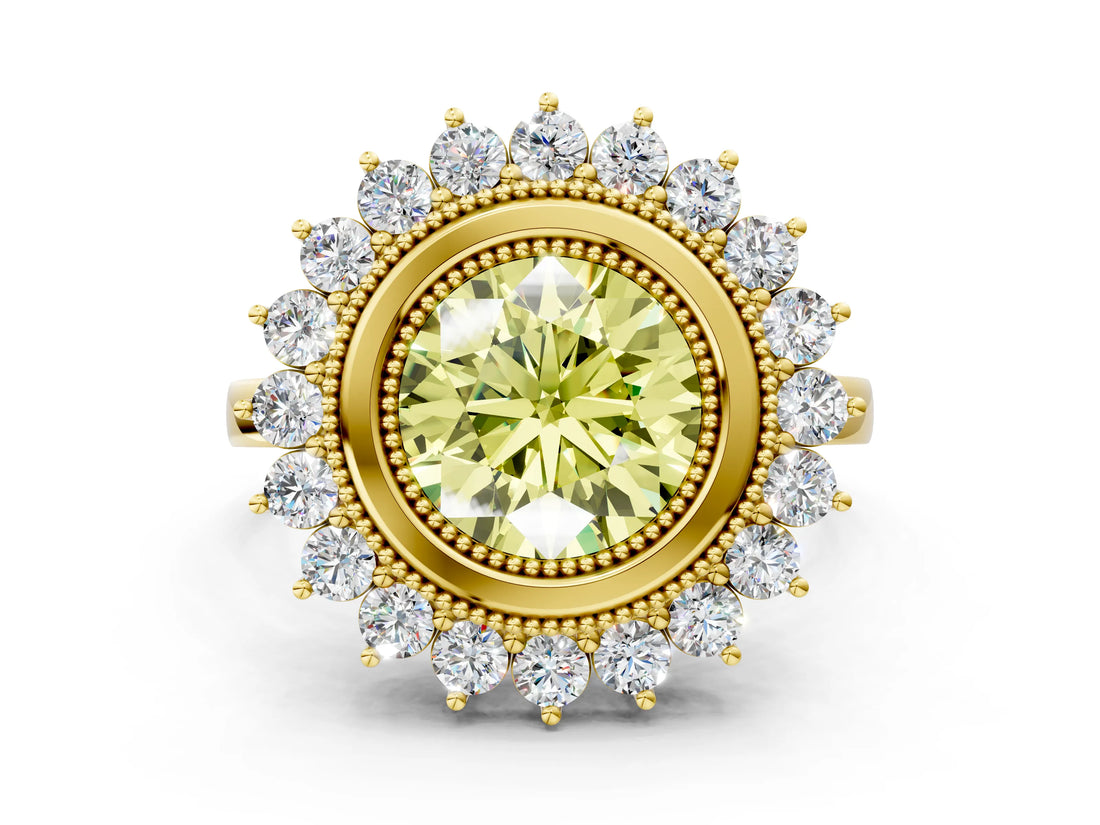 Yellow gold Fancy Yellow Round  Halo Diamond Ring with Milgrain Edge and Round Prong Setting_24