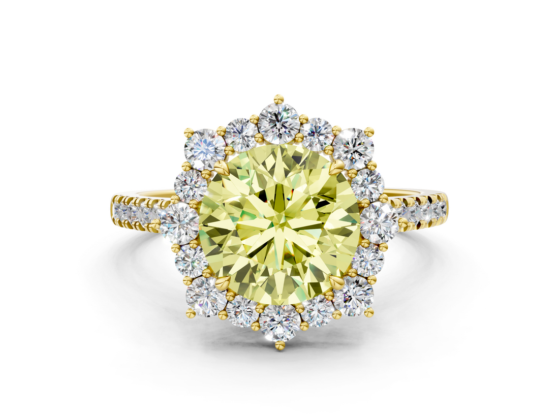 Yellow gold Fancy Yellow Round  Halo Diamond Ring with Pavé Band and Prong Setting