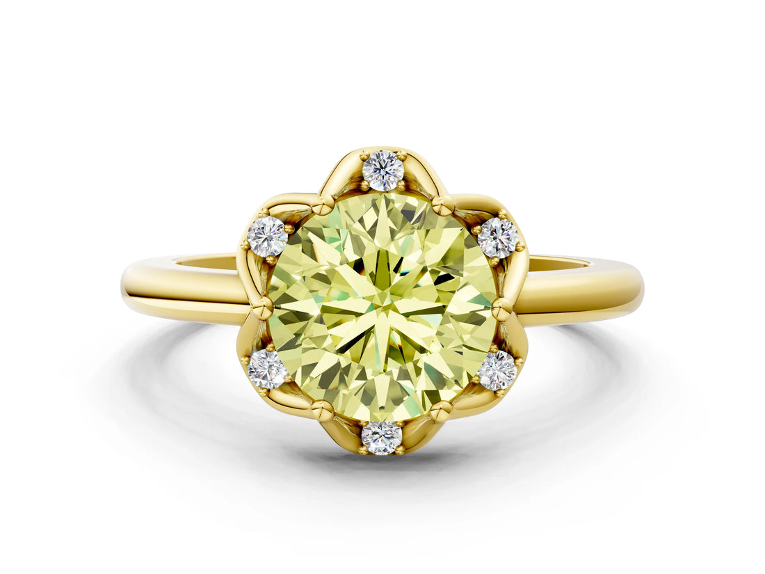 Yellow gold Fancy Yellow Round  Halo Diamond Ring with Round Cluster Setting, Solitaire Band, and Four-Prong Setting_51
