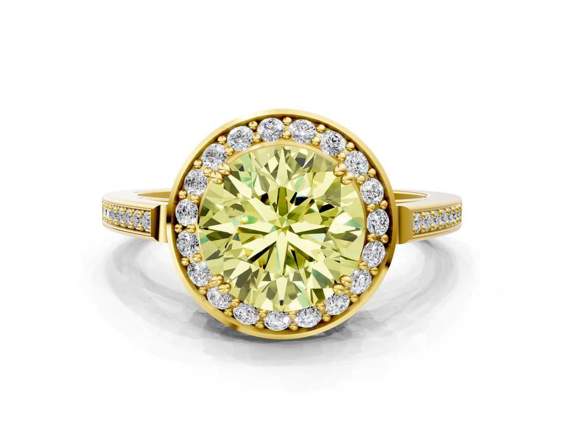 Yellow gold Fancy Yellow Round  Halo Diamond Ring with Split Shank and Four-Prong Setting