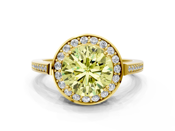 Yellow gold Fancy Yellow Round Cut Diamond Halo Ring with Split Shank and Four-Prong Setting