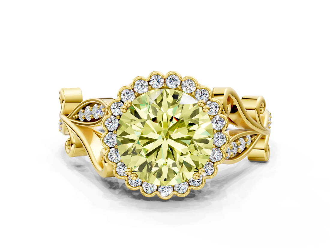 Yellow gold Fancy Yellow Round  Halo Diamond Ring with Vintage Split Shank and Four-Prong Setting