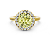 Yellow gold Fancy Yellow Round  Halo Diamond Solitaire with Pavé Band and Four-Prong Setting