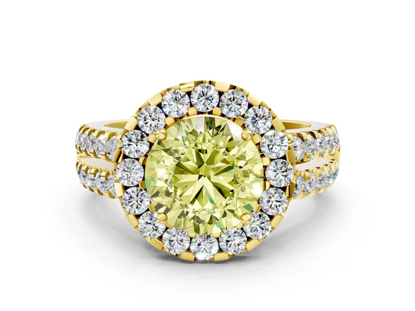 Yellow gold Fancy Yellow Round  Halo Diamond Split Shank Engagement Ring with Prong Setting