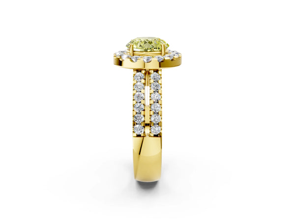 Yellow gold Fancy Yellow Round  Halo Diamond Split Shank Engagement Ring with Prong Setting