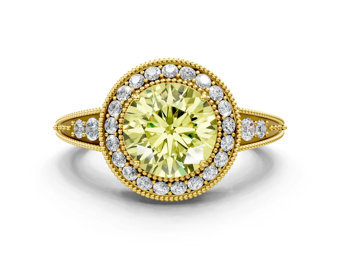 Yellow gold Fancy Yellow Round  Halo Diamond Split Shank Ring with Milgrain Detail_29