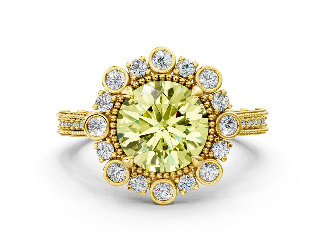 Yellow gold Fancy Yellow Round  Halo Milgrain Pave Diamond Ring with Four-Prong Setting 1