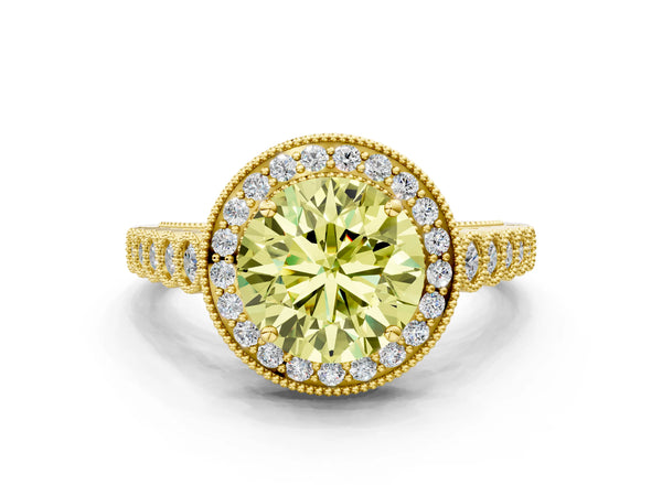 Yellow gold Fancy Yellow Round  Halo Milgrain Solitaire with Bezel Set Side Stones and Pave Band