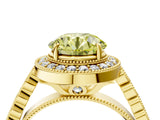 Yellow gold Fancy Yellow Round  Halo Milgrain Solitaire with Bezel Set Side Stones and Pave Band_36