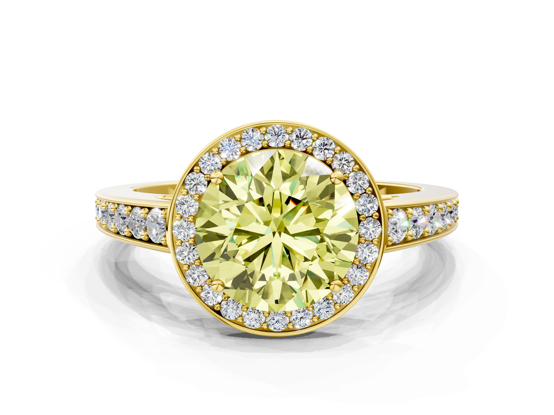 Yellow gold Fancy Yellow Round  Halo Pavé Diamond Engagement Ring with Bezel Setting